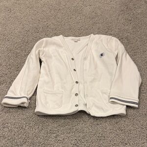White Button-Front Kids Cardigan with Navy Trim